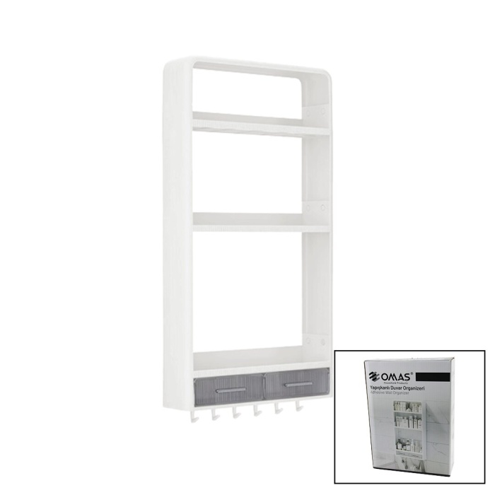 BEYAZ YAPIŞKANLI DUVAR ORGANİZERİ PLASTİK 3 RAF=14CM-19CM-30CM - 2 ÇEKMECE=40CM - 6 ASKI 19 PARÇA (5460)