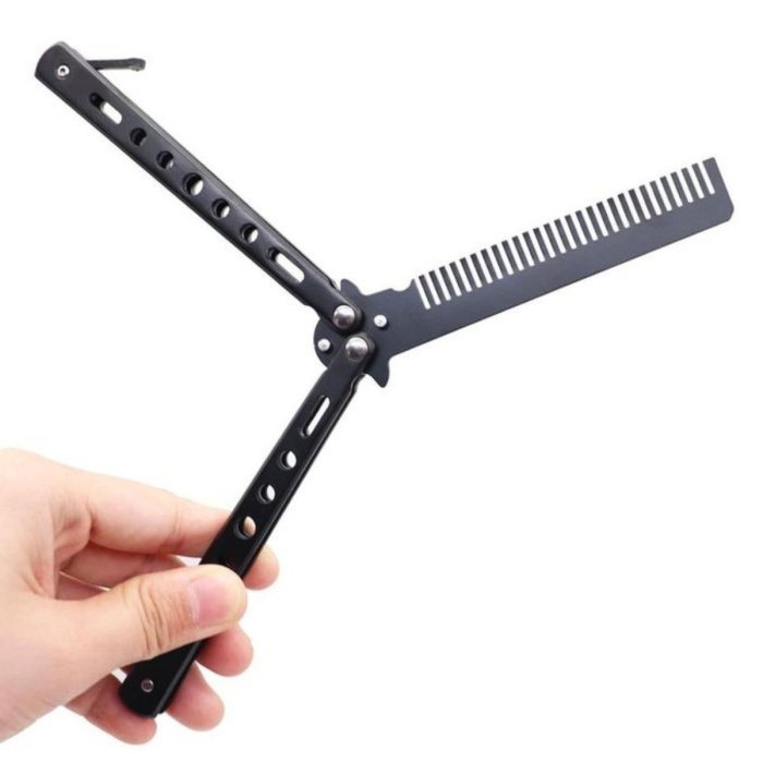 Siyah Katlanabilir Paslanmaz Çelik Kelebek Bıçak Tarak Sakal Bıyık Fırçası Profesyonel Saç Kesimi İçin Tarak (5460)