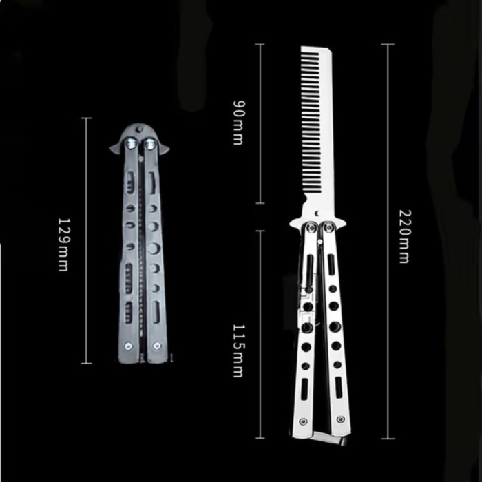 Gri Katlanabilir Paslanmaz Çelik Kelebek Bıçak Tarak Sakal Bıyık Fırçası Profesyonel Saç Kesimi İçin Tarak (5460)
