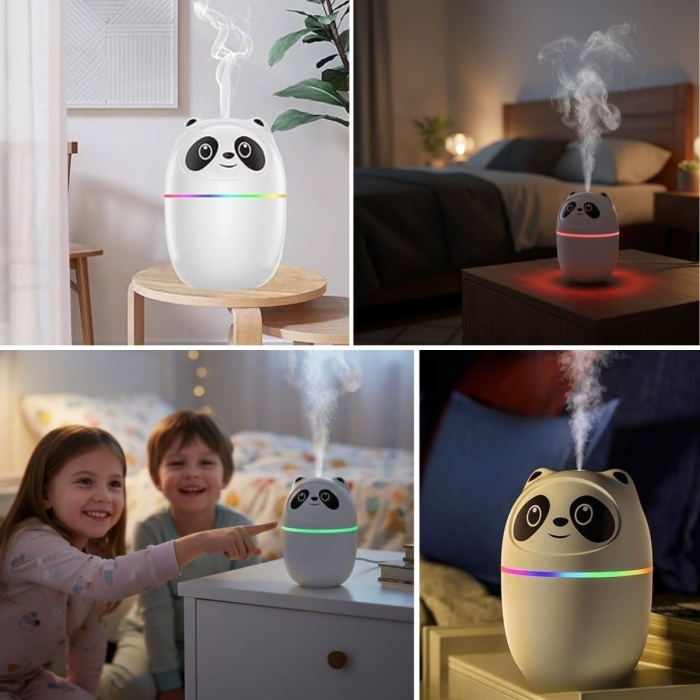 Sevimli Panda Figürlü Hava Nemlendirici – Ultrasonik Soğuk Buhar Makinesi, LED Işıklı Masaüstü Oda Nemlendirici (5460)