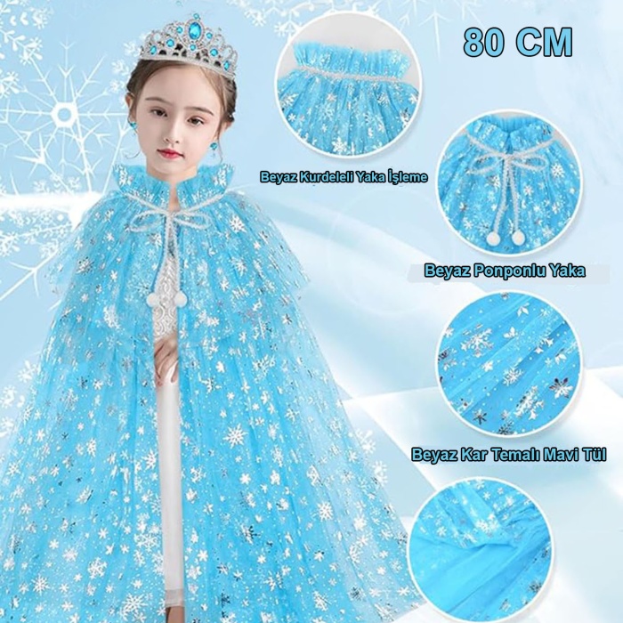 Karlar Ülkesi Elsa Frozen Mavi Pelerin – 80 cm Kar Desenli Çocuk Pelerini ( Taç Hariç ) (5460)