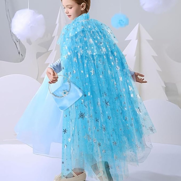 Karlar Ülkesi Elsa Frozen Mavi Pelerin – 80 cm Kar Desenli Çocuk Pelerini ( Taç Hariç ) (5460)