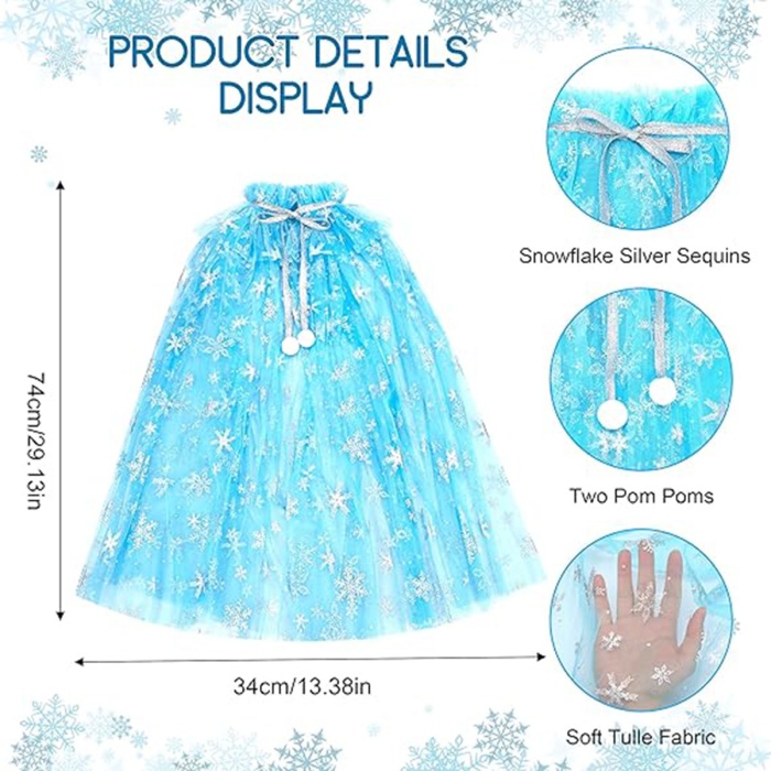 Karlar Ülkesi Elsa Frozen Mavi Pelerin – 80 cm Kar Desenli Çocuk Pelerini ( Taç Hariç ) (5460)