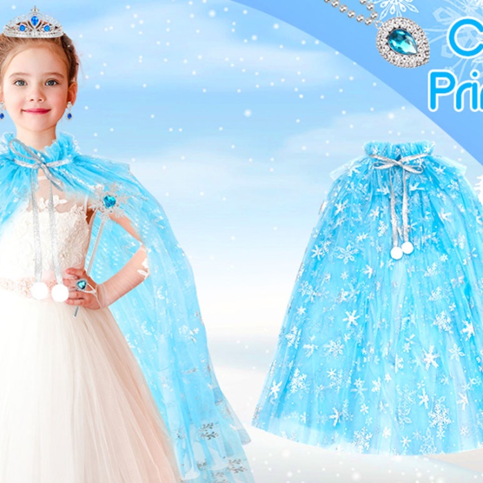 Karlar Ülkesi Elsa Frozen Mavi Pelerin – 80 cm Kar Desenli Çocuk Pelerini ( Taç Hariç ) (5460)