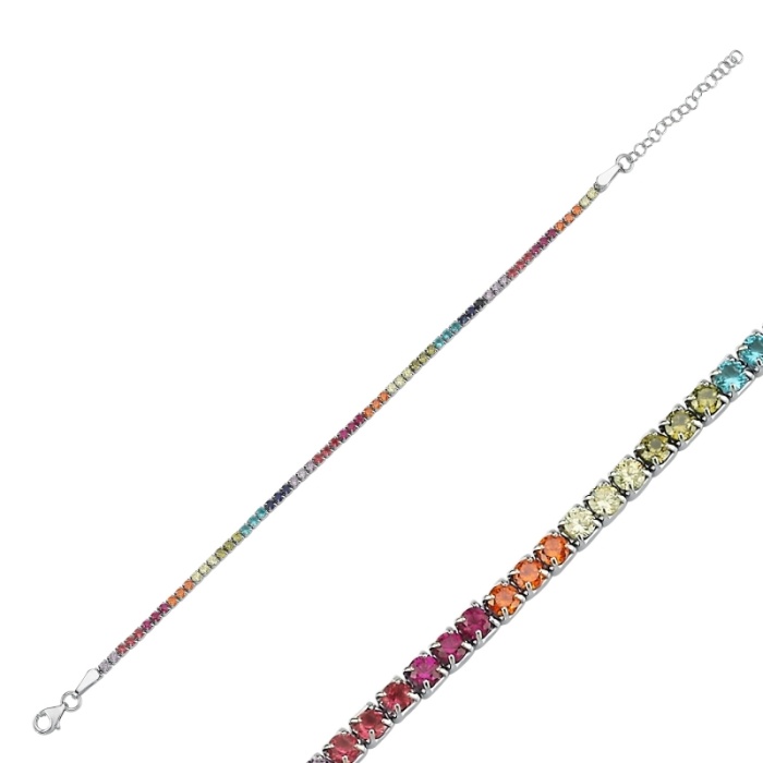 Suyolu 2mm Renkli Zirkon Taşlı Gümüş Bileklik