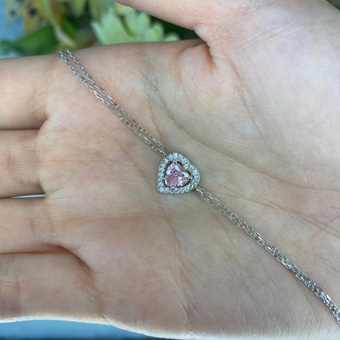 925 Ayar Gümüş Pembe Kalpli Tektaş  Bileklik