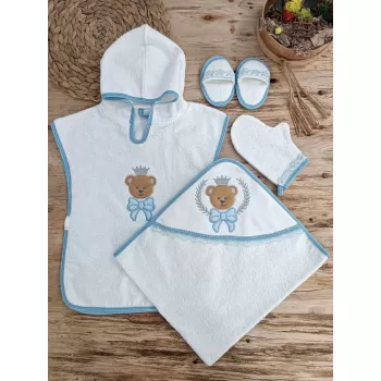 0-1 Yaş Bear Nakışlı Pareolu 4lü Erkek Bebek Havlu Silgi Takımı Mavi