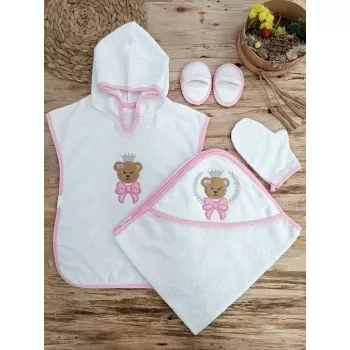 0-1 Yaş Bear Nakışlı Pareolu 4lü Kız Bebek Havlu Silgi Takımı Pembe