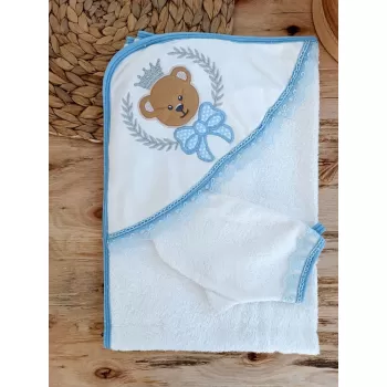 0-1 Yaş Bear Nakışlı El Keseli 2li Erkek Bebek Havlu Takımı Mavi