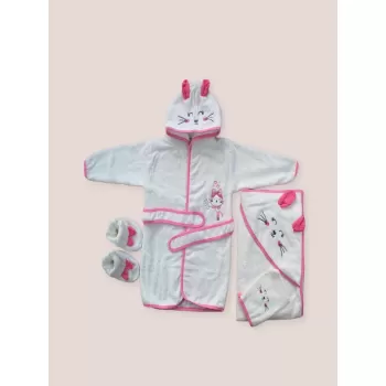 0-6 Ay Kedicik Nakışlı Bornozlu 5li Kız Bebek Havlu Silgi Takımı Fuşya