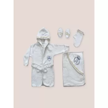 0-6 Ay Kaplan Nakışlı Bornozlu 5li Erkek Bebek Havlu Silgi Takımı Mavi
