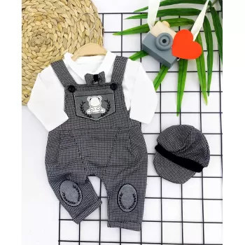 3-6-9-12 Ay Papyonlu Kırçıl Nakış Detaylı Kasket Şapkalı Uzun Kollu 3lü Erkek Bebek Salopet Takımı Gri