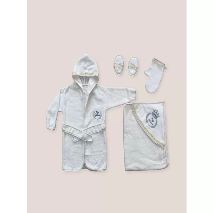 0-6 Ay Kaplan Nakışlı Bornozlu 5li Erkek Bebek Havlu Silgi Takımı Mavi