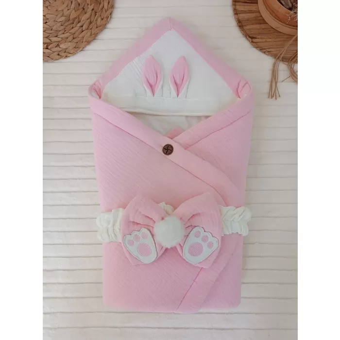 Yenidoğan 4 Kat Müslin Kumaş Kulaklı Patili Fiyonk Bebek Battaniyesi Kundak Pembe