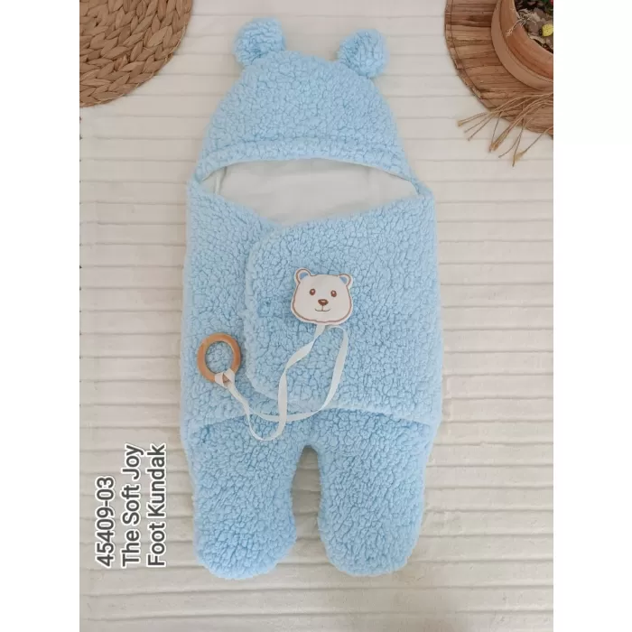 Yenidoğan Kulaklı Şapkalı Açılır Kucaklı Cırt Kapamalı Ayaklı Bebek Battaniyesi Kundak Mavi