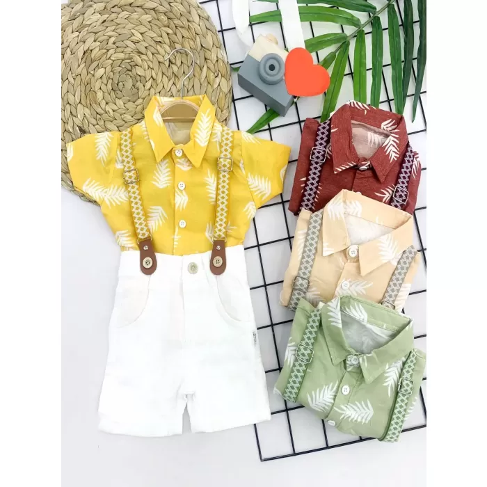 9-12-18-24 Ay Pamuk Keten Kumaş Hawai Gömlek Lastik Askılı 2li Erkek Bebek Takımı Bej