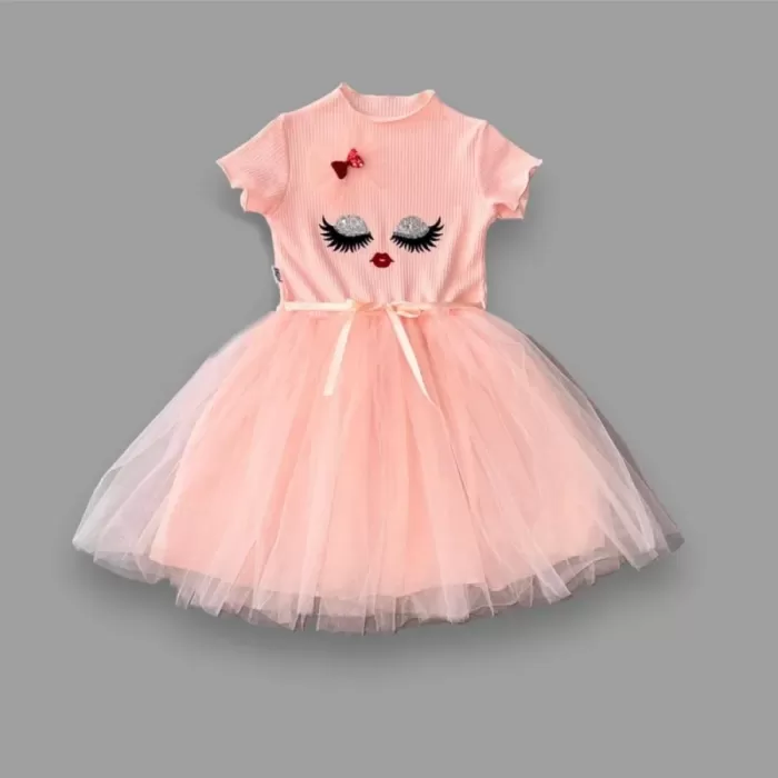 5-6-7 Yaş Payetli Süslü Yüz Baskılı Kız Çocuk Elbisesi Pudra