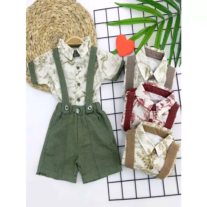 9-12-18-24 Ay Pamuklu Kumaş Keten Kısa Kol Gömlek 2li Erkek Bebek Salopet Takımı Kahverengi
