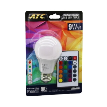 ATC-RGB-9W  KUMANDALI   9W=60W  RGB=16-RENKLİ LED AMPUL E27 800 LÜMEN 6500K 25.000 SAAT ÖMÜR (4767)