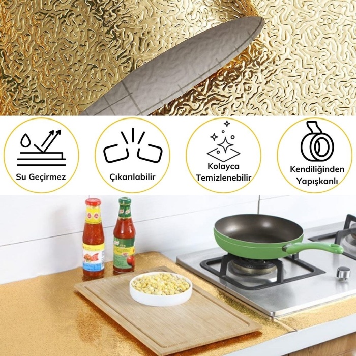 10 Metre Kendinden Yapışkanlı Silinebilir Mutfak Tezgah Üstü Sticker Folyo Gold Renk (4767)