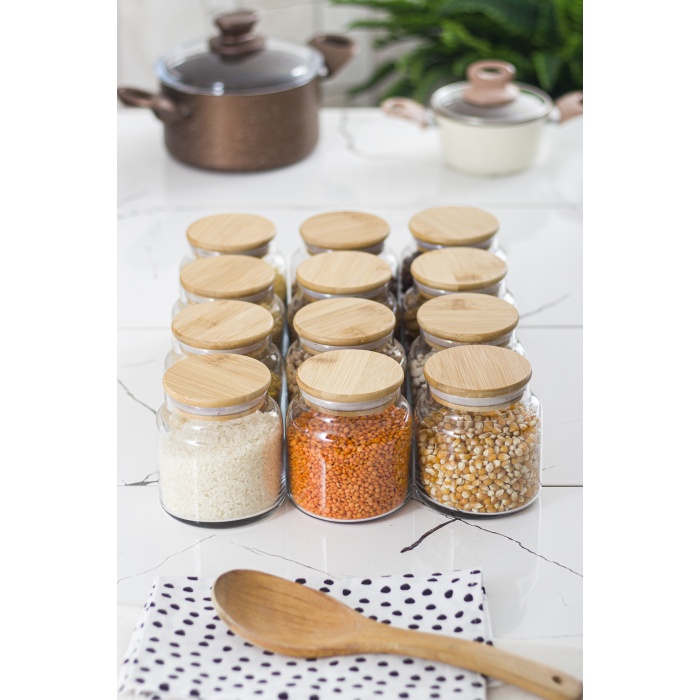 12li Bambu Kapaklı Cam Kavanoz & Erzak Saklama Kabı Seti 500 ml Küçük  Boy ( Vakum Kapak )