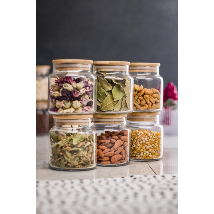 6lı Bambu Kapaklı Cam Kavanoz & Baharat Takımı & Baharatlık Seti 500 ML ( Vakum Kapak )