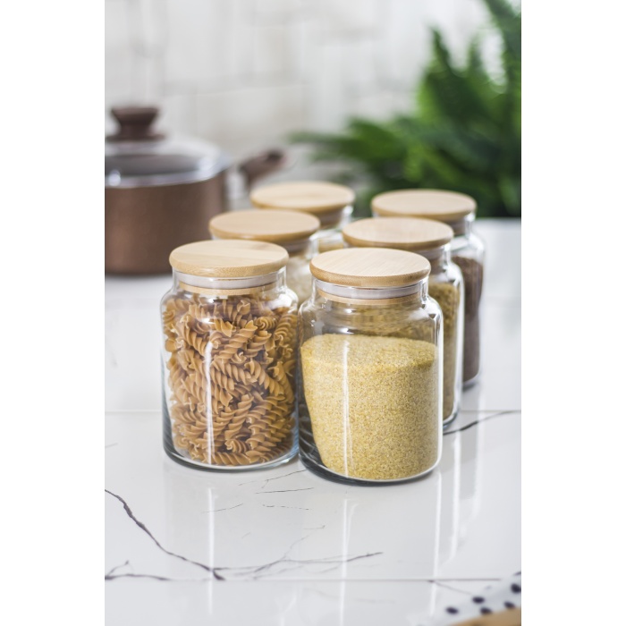 6 Lı Set Bambu Kapaklı Cam Kavanoz & Erzak Saklama Kabı 800 ml Orta  Boy ( Vakum Kapak )