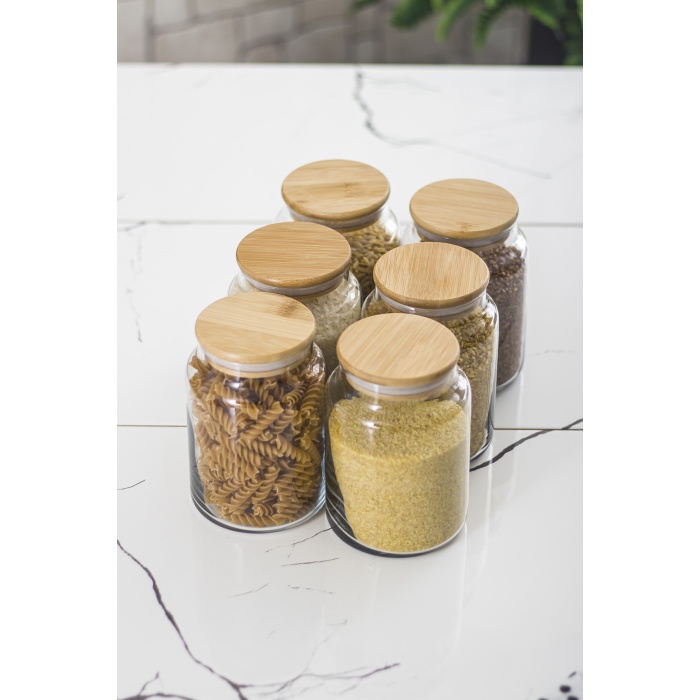 6 Lı Set Bambu Kapaklı Cam Kavanoz & Erzak Saklama Kabı 800 ml Orta  Boy ( Vakum Kapak )