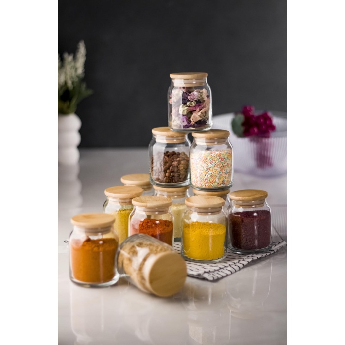 12li Bambu Kapaklı Cam Kavanoz & Baharat Takımı & Baharatlık Seti 250 ML (Vakum Kapak)