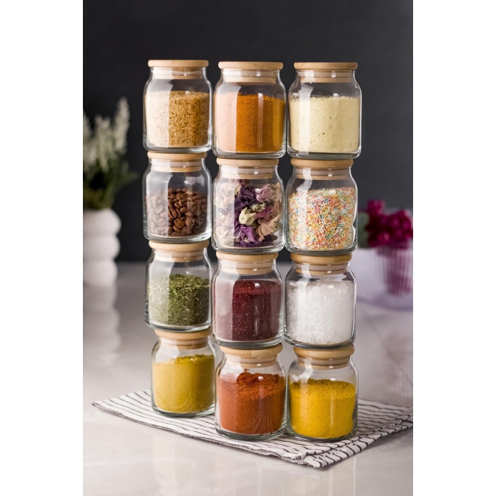 12li Bambu Kapaklı Cam Kavanoz & Baharat Takımı & Baharatlık Seti 250 ML (Vakum Kapak)