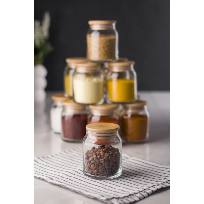 12li Bambu Kapaklı Cam Kavanoz & Baharat Takımı & Baharatlık Seti 250 ML (Vakum Kapak)