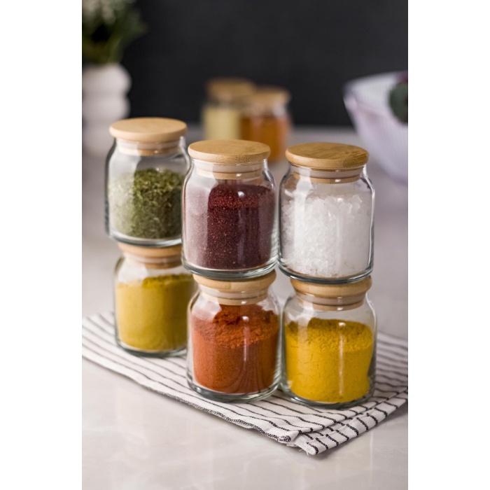 6lı Bambu Kapaklı Cam Kavanoz & Baharat Takımı & Baharatlık Seti 200 ML (Vakum Kapak)