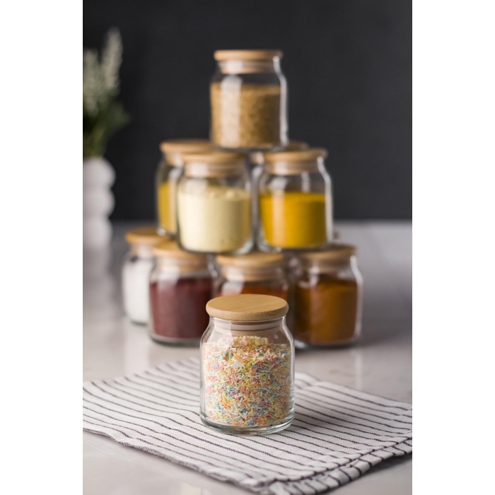 6lı Bambu Kapaklı Cam Kavanoz & Baharat Takımı & Baharatlık Seti 200 ML (Vakum Kapak)