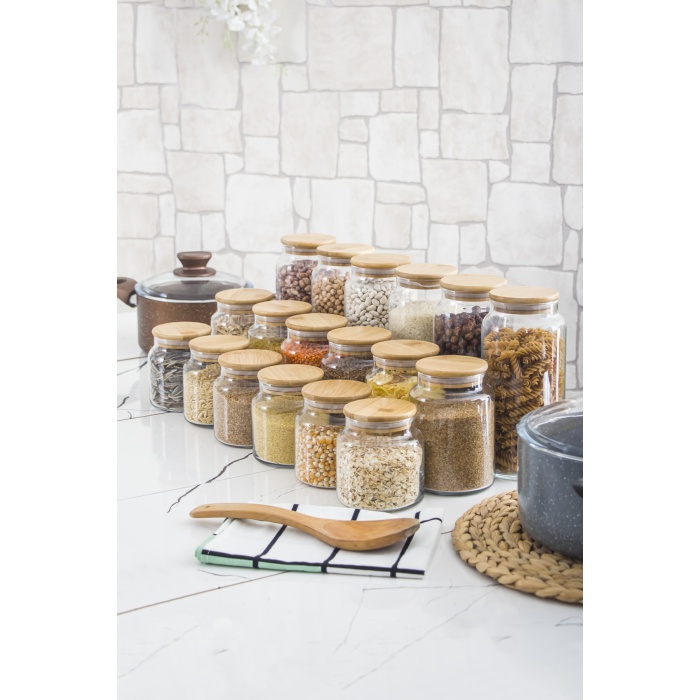 18li Bambu Kapaklı Cam Kavanoz & Erzak Saklama Kabı Seti 3* 1.3 Lt + 0.80 Lt + 0.50 Lt(Vakum Kapak)