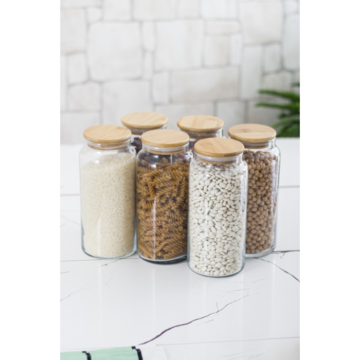 18li Bambu Kapaklı Cam Kavanoz & Erzak Saklama Kabı Seti 3* 1.3 Lt + 0.80 Lt + 0.50 Lt(Vakum Kapak)