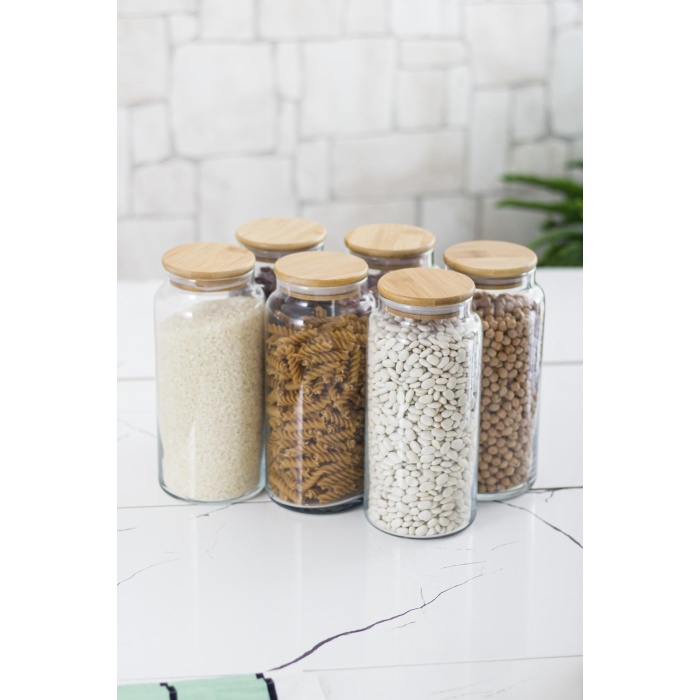18li Bambu Kapaklı Cam Kavanoz & Erzak Saklama Kabı Seti 3* 1.3 Lt + 0.80 Lt + 0.50 Lt(Vakum Kapak)