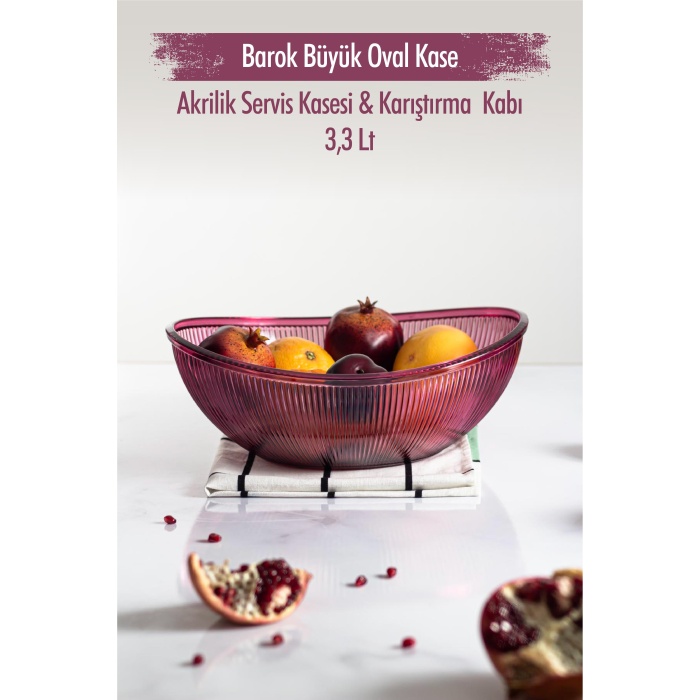 Akrilik Barok Mürdüm Büyük Oval Meyve & Salata Kasesi & Karıştırma Kabı / 3,3 Lt  (CAM DEĞİLDİR)