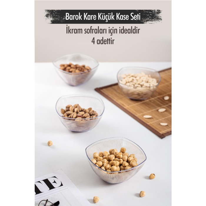 Akrilik Barok Şeffaf Kare 4lü Küçük Kase Seti & Çerezlik & Sunumluk & İkramlık (Cam Değildir) 6763DP4