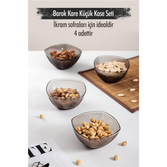 Akrilik Barok Füme Kare 4lü Küçük Kase Seti & Çerezlik & Sunumluk & İkramlık (Cam Değildir) 6766DP4