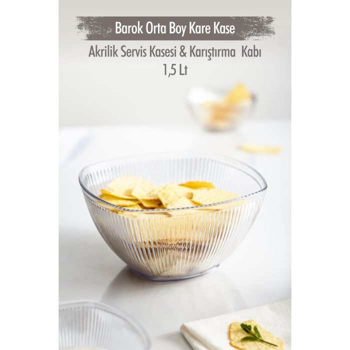 Akrilik Barok Şeffaf Orta Boy Kare Meyve & Salata Kasesi & Karıştırma Kabı / 1,5 Lt  (CAM DEĞİLDİR)
