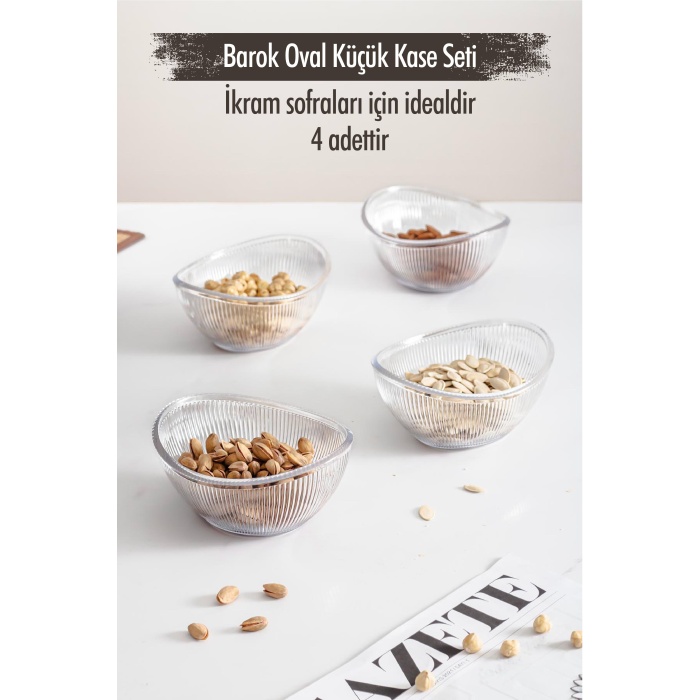 Akrilik Barok Şeffaf Oval 4lü Küçük Kase Seti & Çerezlik & Sunumluk & İkramlık (Cam Değildir)