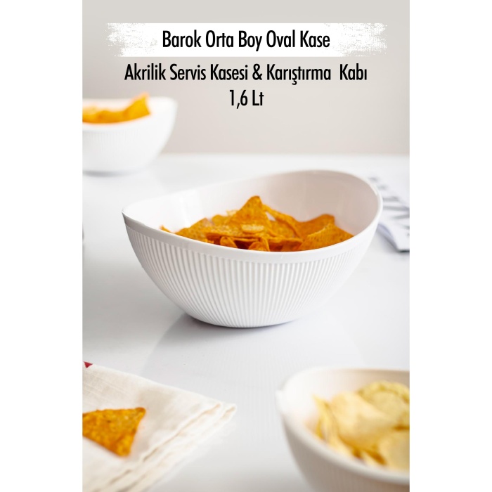 Akrilik Barok Beyaz Orta Boy Oval Meyve & Salata Kasesi & Karıştırma Kabı / 1,6 Lt  (CAM DEĞİLDİR)