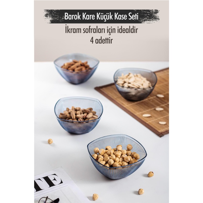 Akrilik Barok Lacivert Kare 4lü Küçük Kase Seti & Çerezlik & Sunumluk & İkramlık (Cam Değildir) 6884DP4