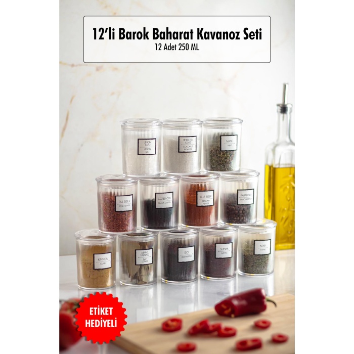 12li Barok Yuvarlak Baharat Kavanoz Seti & Saklama Kabı & Erzak Kabı (12*250 ML)