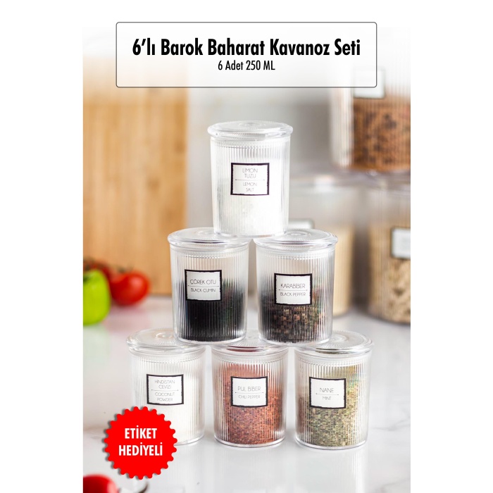 6lı Barok Yuvarlak Baharat Kavanoz Seti & Saklama Kabı & Erzak Kabı (6*250 ML)