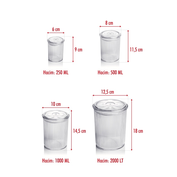24lü Barok Yuvarlak 4 Boy Kavanoz Seti & Saklama Kabı & Erzak Kabı (6*2000 ML, 6*1000 ML, 6*500 ML, 6*250 ML)