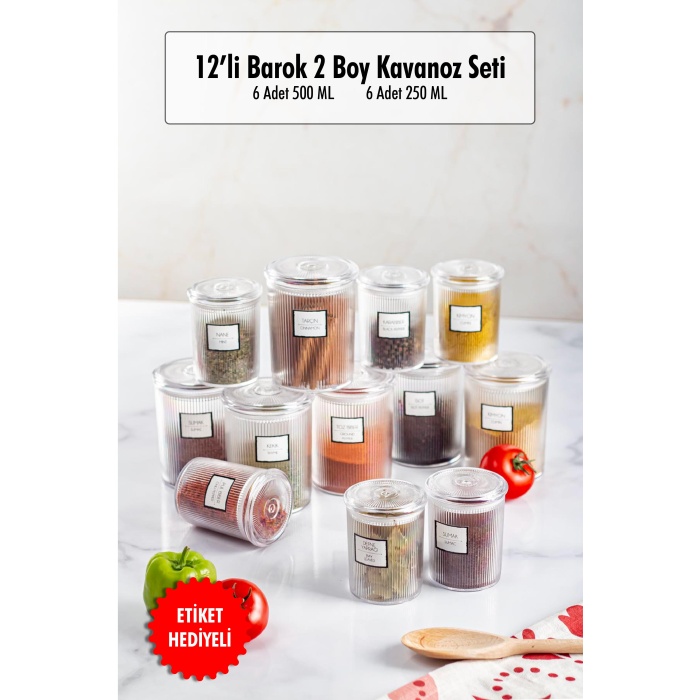 12li Barok Yuvarlak 2 Boy Kavanoz Seti & Saklama Kabı & Erzak Kabı 6*500 ML,6*250 ML)