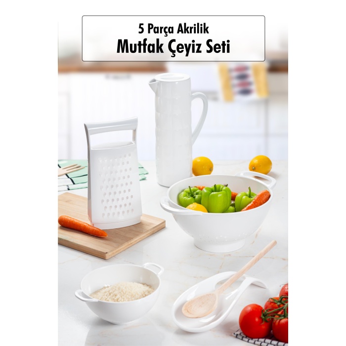 Akrilik Beyaz 5 Parça Sürahi & Rende & Süzgeç & Mini Süzgeç & Kaşıklık & Mutfak Çeyiz Seti