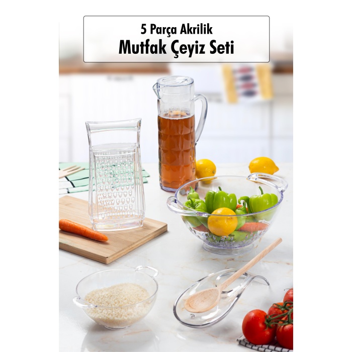 Akrilik Şeffaf 5 Parça Sürahi & Rende & Süzgeç & Mini Süzgeç & Kaşıklık & Mutfak Çeyiz Seti