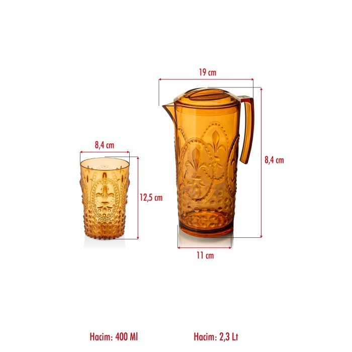 Akrilik Bal Sürahi 2,3 lt Ve 6lı Su Meşrubat Kahve Yanı Bardağı 400 ml Seti ( Cam Değildir )